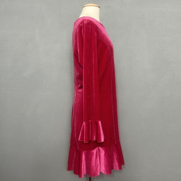 See and Be Seen Women Dress L Cassini Hot Pink Velvet Shift Ruffle Hem Retro - Picture 10 of 16